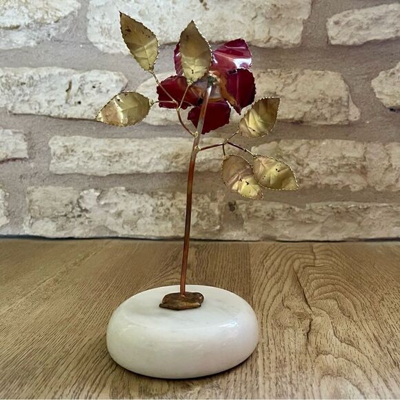 Vintage Single Rose Stem Painted Brass Copper Brutalist Metal Art Marble Base - Picture 7 of 16